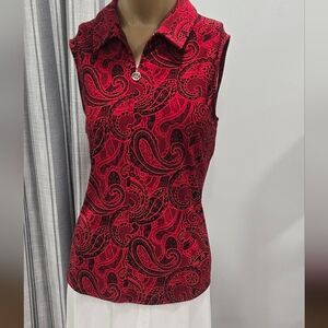 1014 Tommy Hilfiger Med Red Black Paisley Print Sleeveless Blouse Top Front Zip
